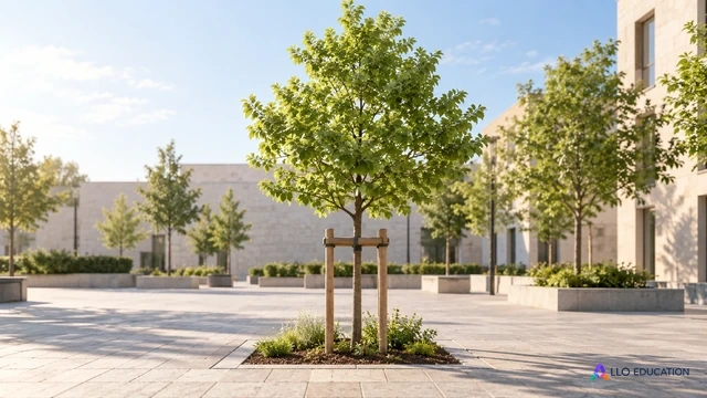 Un jeune arbre protégé au centre d’une place urbaine claire évoque une action collective pour l’environnement.