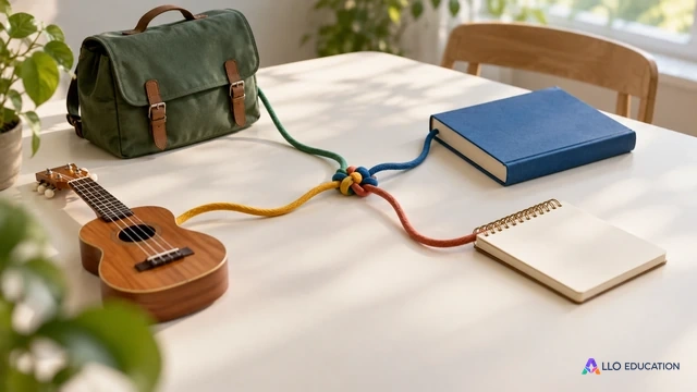 Des chemins de fils colorés se croisent autour d’objets du quotidien sur une table claire.