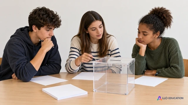Des lecteurs étudient ensemble des documents et une urne neutre dans un atelier de science politique.